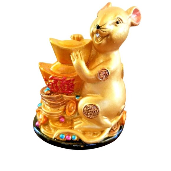 Feng Shui Gold Luck Chinese Mouse Animal Figurine Statue Gold Feng Shui Zodiac - Picture 1 of 8